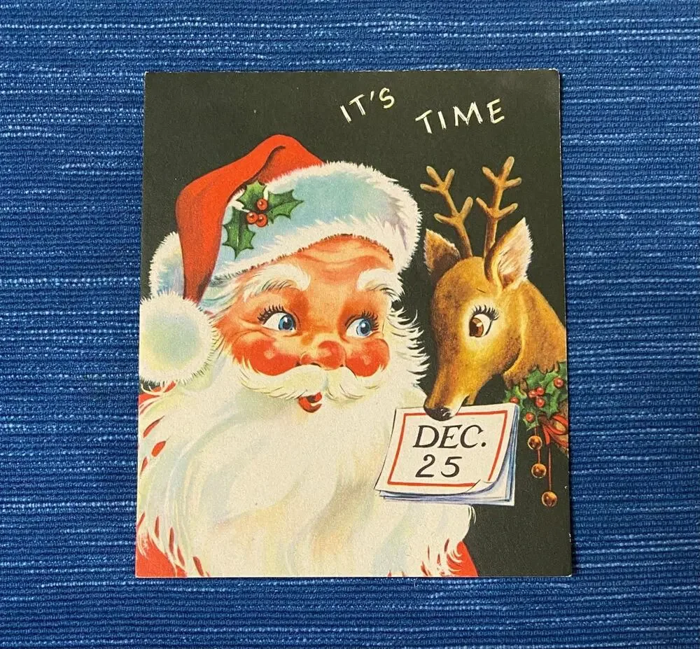 Vintage MCM Christmas Greeting Card It's Time Ski Santa Deer Skiing 38B